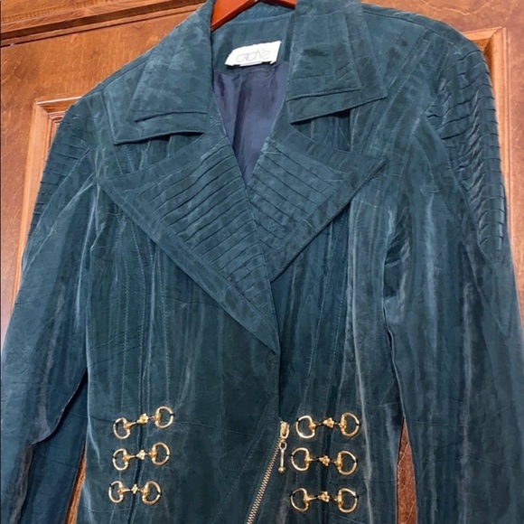 Green suede puffy shoulder gold buckle jacket M - Picture 4 of 10